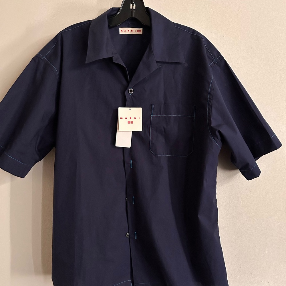 Marni x Uniqlo Dark Navy Short-Sleeve Camp Collar Button-Up Shirt